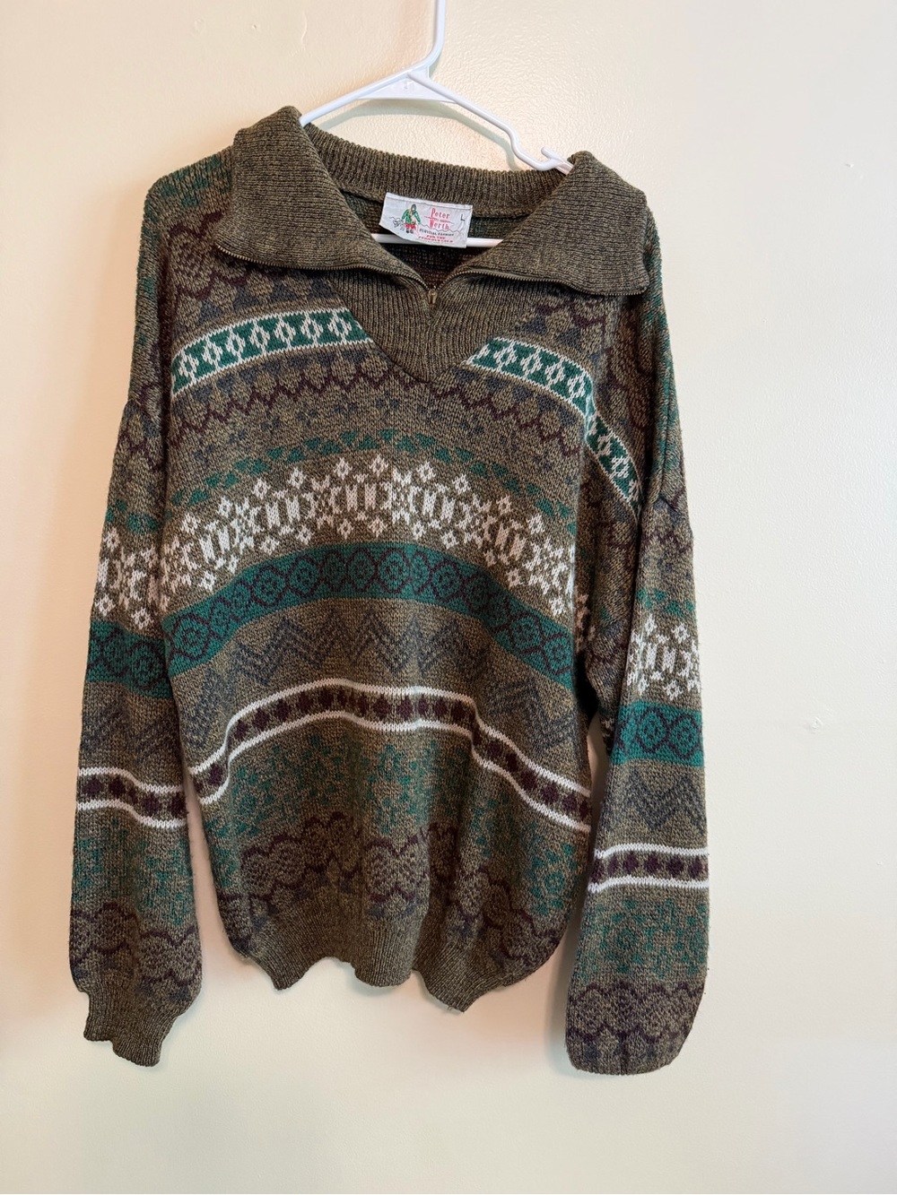 Men’s Olive Green Patterned Zip-Collar Turtleneck Sweater
